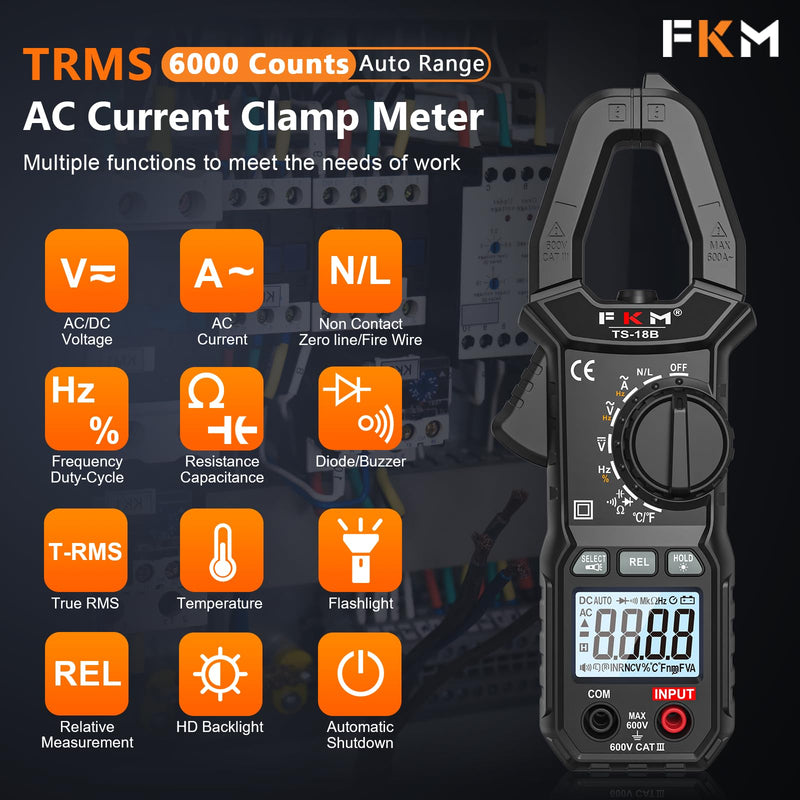 FKM Clamp Meter,TRMS 6000 Counts 600 Amp Digital Clamp Multimeter Voltage Tester,Auto-ranging Volt Meter,for AC/DC Voltage,AC Current,NCV,Capacitance,Resistance,Continuity,Hz/Duty Cycle,Diode,TempTest Black-(AC Current)Clamp Meter