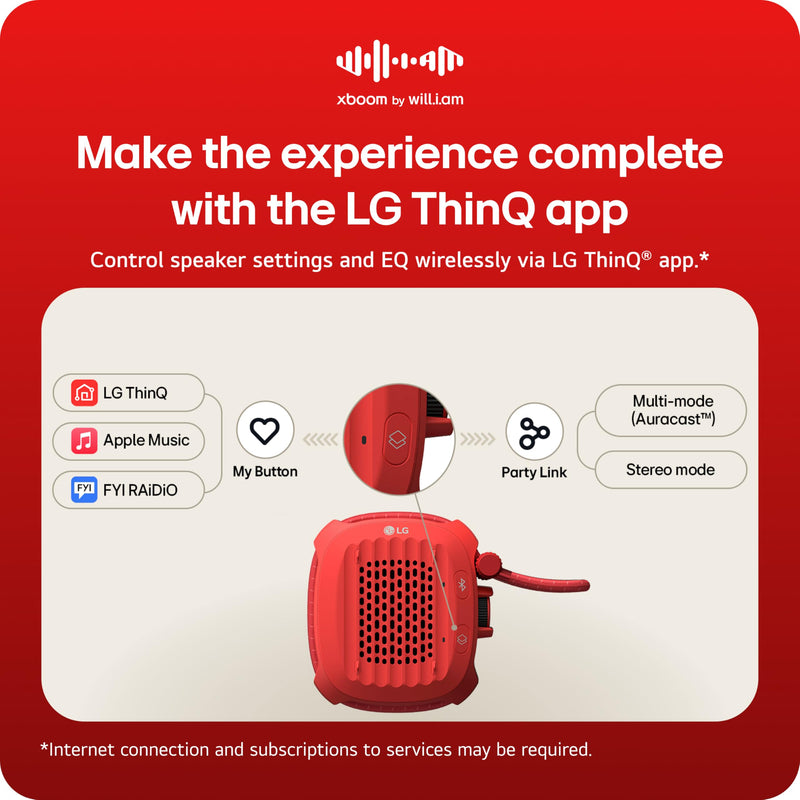 LG xboom Rock by will.i.am, Portable Outdoor Bluetooth Speaker, up to 10 Hours, IP67 Dust and Water Resistant, Adjustable Mounting Cord, Red