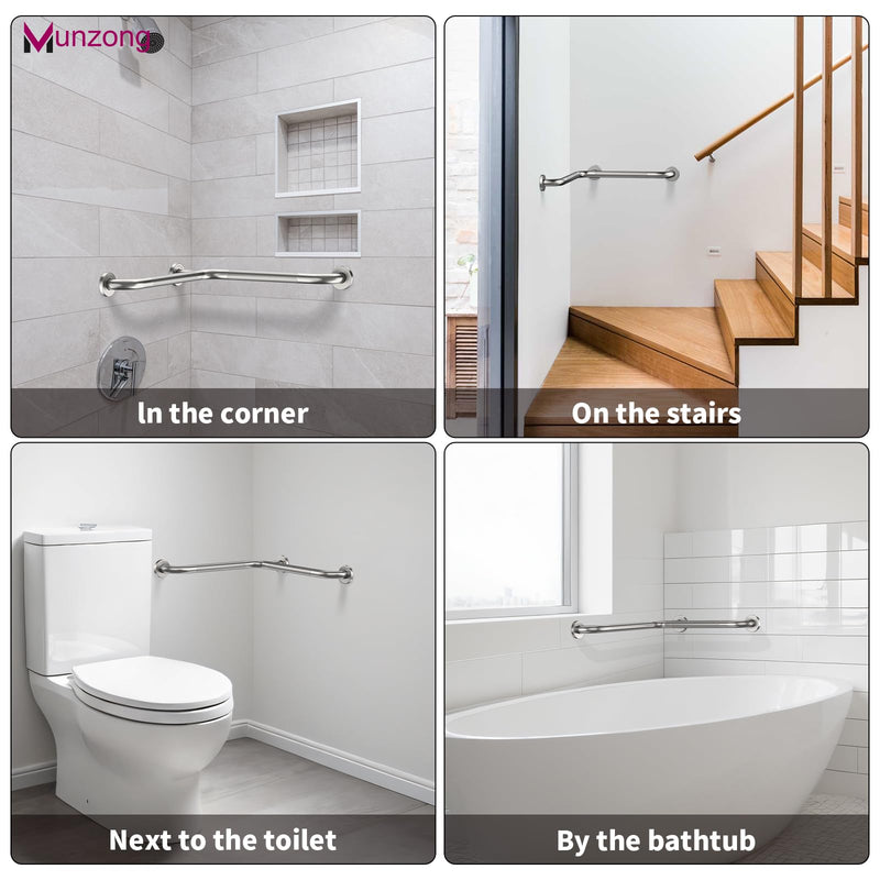 16 Inch Angled Shower Grab Bar, Munzong Anti Slip Satin Brushed Nickel Bathroom Grab Bar, L-Shaped Knurled Balance Bar, Safety Hand Rail Support Handicap Elderly Injury Senior Assist Bath Handle