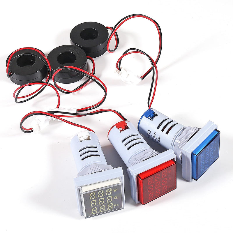 3PCS Square LED Digital Voltmeter Ammeter Hertz Meter AC20-500V Signal Lights Voltage Current Frequency Combo Meter Indicator Tester with CT（White+Blue+Red） White+Blue+Red