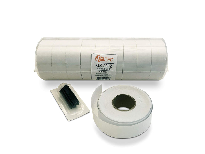 Veltec 2212 White Pricing Labels for Garvey (22-6, 22-7, 22-8) and Contact (6.22, 7.22, 8.22) One-Line Price Gun/Labelers, Free Ink Roller – 9 Rolls, 11,000 Labels with Security Slits