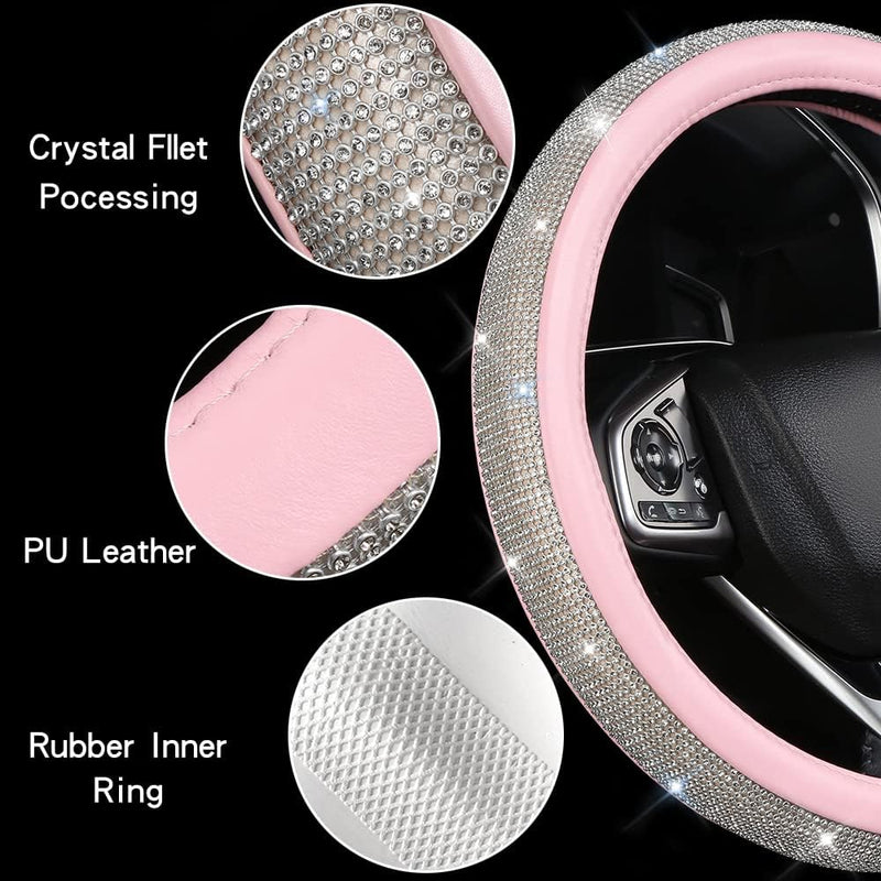 Steering Wheel Cover Women Pink Bling Diamond Steering Wheel Cover, Leather Cute Steering Wheel Covers with Crystal Rhinestones, Breathable, Anti-Slip Universal Fit 14.5-15 Inch Bling Car Accessories White Pink