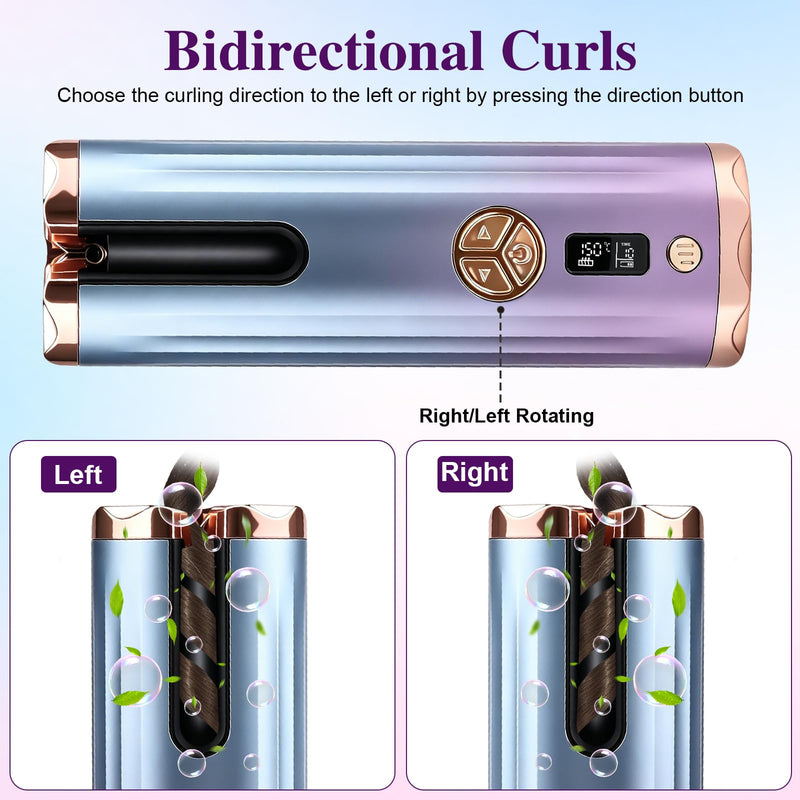 Automatic Hair Curler, dual-temperature display (°C and °F), Curling iron with 6 Temperature Settings,equipped with a 5200mAh battery with left-right rotation function,suitable for home and travel use