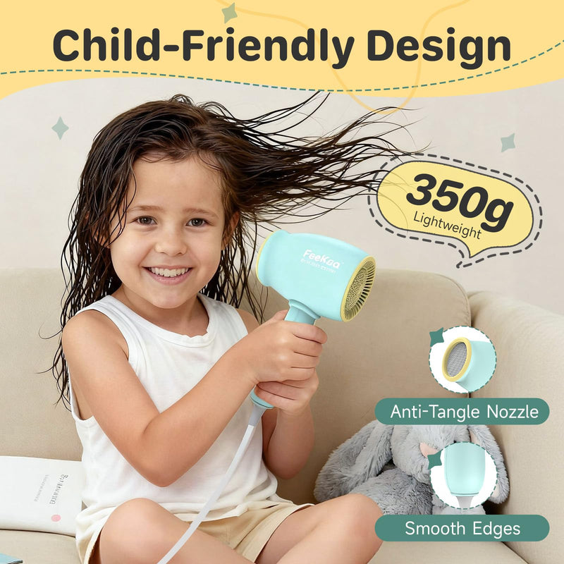 Feekaa Kids Hair Dryer, Baby Hair Dryer, 3 Safe Temperature for Children Hairdryers, Quiet kids Hairdryer, Small Lightweight Blow Dryer, 550W Hairdryer kids with Sticker Gift for Boy,Girl,Baby,Toddler Green