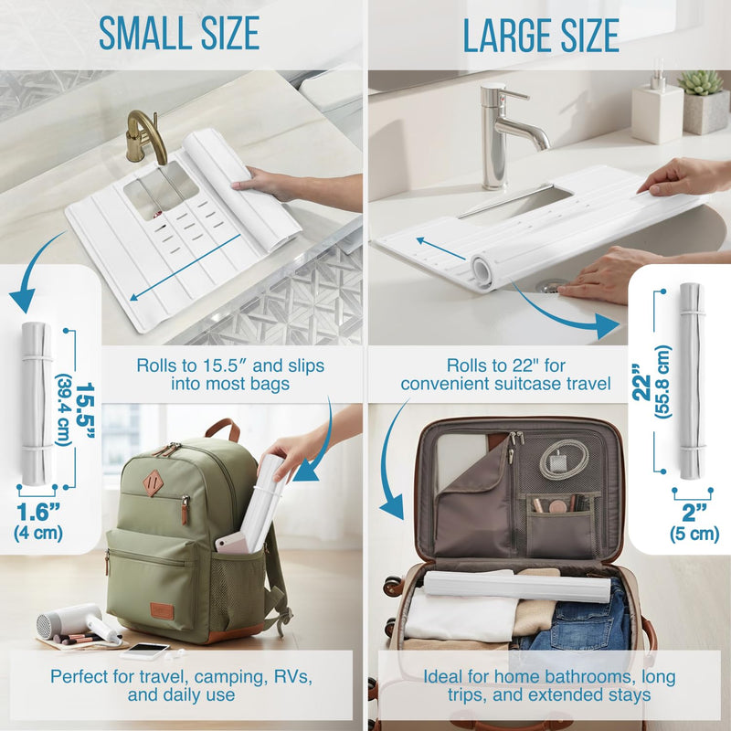 Maplefield Bathroom Sink Cover & Silicone Makeup Mat - White, 22" x 15" x 2" Inches - Heat Resistant to 400°F - Foldable Roll-Up Design with Raised Ridges - Space-Saving Countertop Mat Large