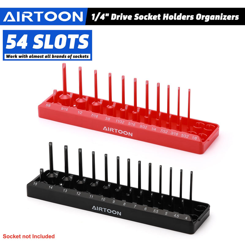 AIRTOON 1/4-Inch Drive Socket Organizer Trays, 2-Piece SAE and Metric Socket Tray Set, Deep and Standard Socket Holders Organizers for Toolbox, Black & Red 1/4-Inch Drive SAE and METRIC