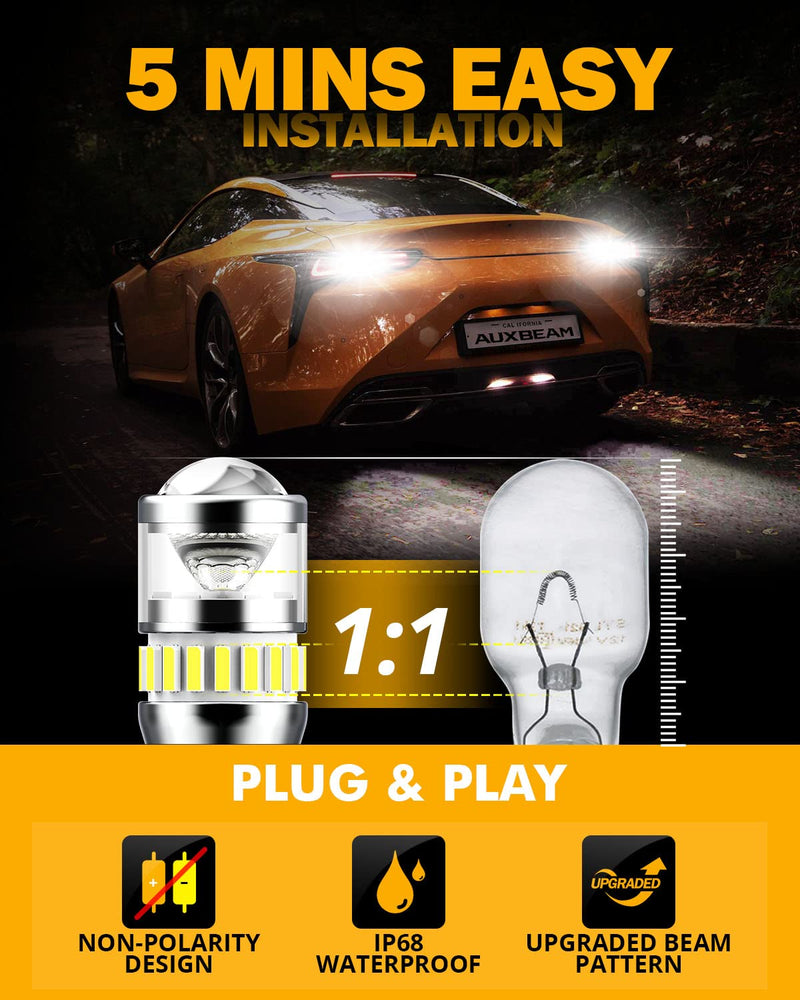 Auxbeam 912 921 LED Bulb for Backup Reverse Light Bulbs, 4000 Lumens 400% Brighter Super Bright Canbus Error Free 906 904 922 W16W T15 LED Bulbs with Double Projectors, 6500K White, Pack of 2