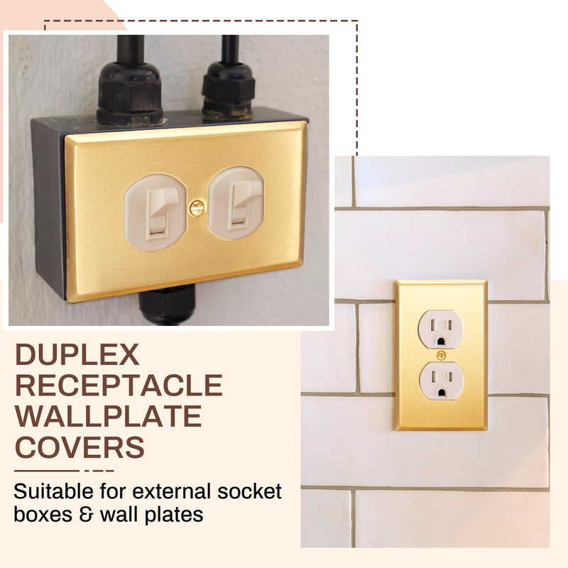 Zonon 8 Pack Gold Outlet Covers 4.50" x 2.76" Duplex Outlet Cover Brass Metal Brushed Decorative Gold Receptacle Wallplate Corrosion Resistant, Standard Size, Brushed Brass