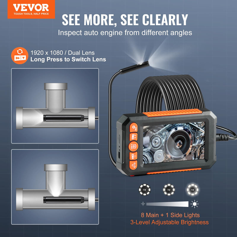 VEVOR Endoscope Camera with Light, Dual Lens Industrial Borescope, 4.3" Screen 1080P Inspection Camera, 8 + 1 Lights, 4X Zoom, IP67 Waterproof Snake Camera for Auto, Plumbing (16.4FT Cable, 32GB Card) 4.3" Screen-Dual Lens