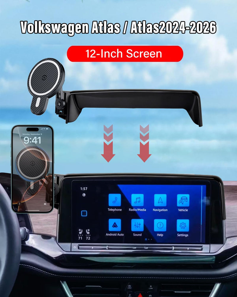 PZK Car Phone Mount for 2024-2026 VW/Volkswagen Atlas/Altas Cross Sport | SE/SEL/Premium R-Line /R-Line 12-inch Screen Magnetic 15W Fast Wireless Charger Phone Holder 360° Rotating Extension Rod With Extension Rod Magsafe+ Wireless Charger