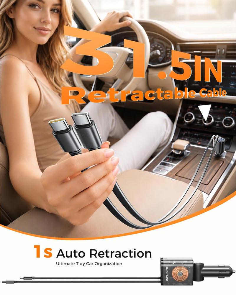 5 in 1 Retractable Car Charge with Dual Type C Cables | 90W Fast Charging Car Charger, Ultra-Compact USB C Car Accessories Adapter, for iPhone 17/16/15/14/13/12, Galaxy, iPad, Black