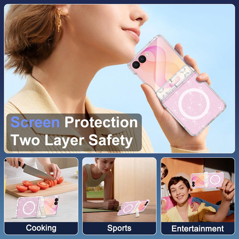 for Galaxy Z Flip 8 Case,[Compatible with MagSafe][Built-in Screen Protector][Kickstand],Hard PC Hinge Protection Slim Fit Shockproof Girls Case for Samsung Galaxy Z Flip 8,Clear Clear