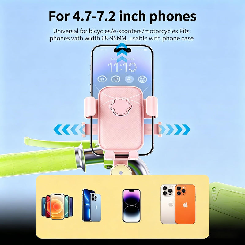Stylish Pink Bike Phone Mount for Women | Universal 4.7"-7.2" Phone Mount, Anti-Shake 360° Handlebar Holder w/Helmet Mount for Bike Motorcycle Scooter Treadmill