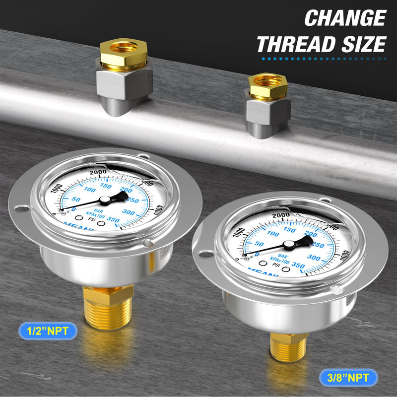 MEANLIN MEASURE 0~5000Psi Liquid Filled Pressure Gauge Front Flange Panel Mount, 1/4" NPT 2.5" FACE DIAL Stainless Steel Case with Phillips Screw, Nut and Brass Hex Bushing, +/-3-2-3%