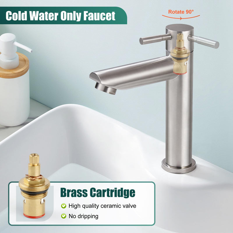 Heyalan Cold Water Only Bathroom Sink Faucet Stainless Steel SUS304 Brushed Nickel Single Handle One Hole Deck Mount Lavatory Faucet (Drain Not Included) Cold Water Only - Short