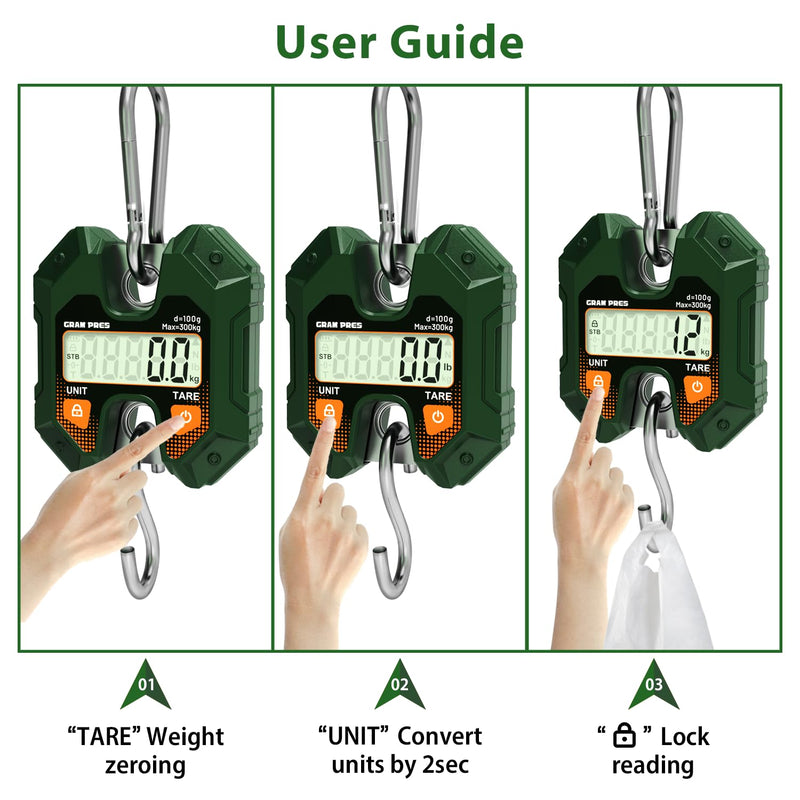 GRAM PRES Digital Hanging Scale 660LB/300KG,Handheld Mini Crane Scale,Deer Hunting Scales,Digital Luggage Scale with Hooks for Farm，Fishing, Fish, Meat，Game,Outdoor.