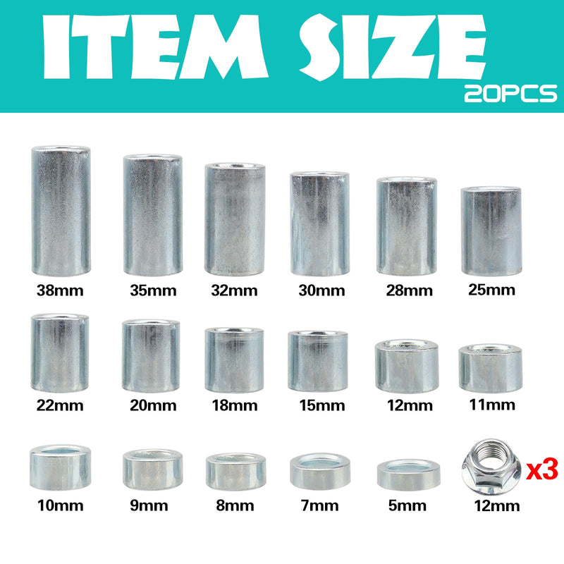 20pcs M12 Spacer Sleeve Bushings Industrial Steel for Motorcycle Pit Dirt Bike Moped ATV Mini Bike MX650 12mm Classic Axle