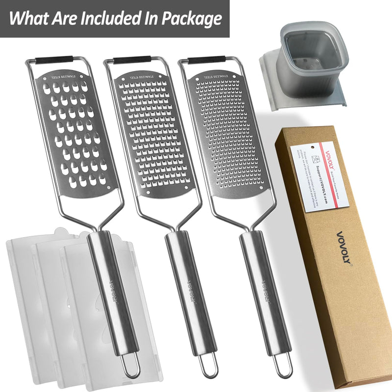 Vovoly 4-Pcs Pro Set Zester Grater Set, Cheese Grater with Razor-Sharp Stainless Steel Blade, Fine/Coarse/Extra Coarse/Slider Attachment Silver_4-Pcs Pro Set
