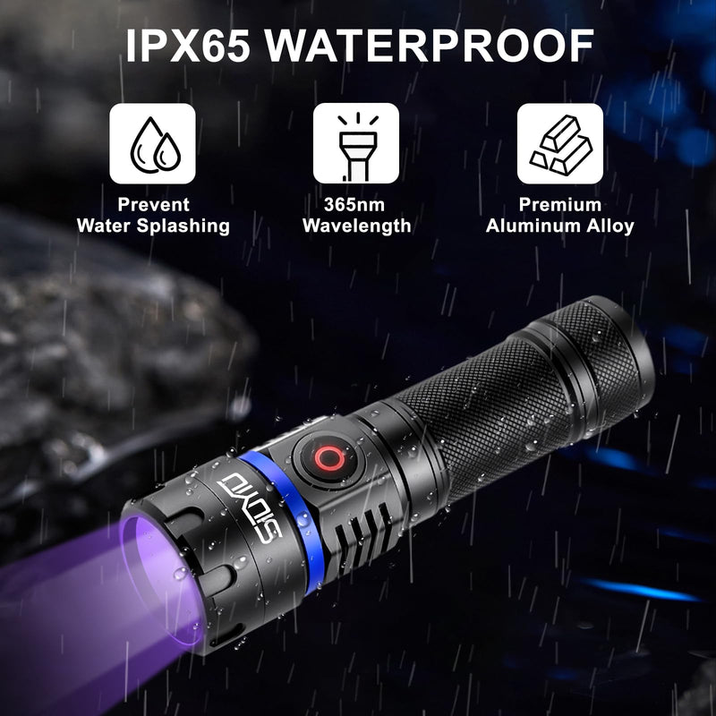 60W 365nm UV- Black Light Flashlight, USB Rechargeable Black Light, IP65 Waterproof Blacklight Flashlights for Pet Urine Detection, Resin Curing, Rock Hunting, Mineral Detection S-3535