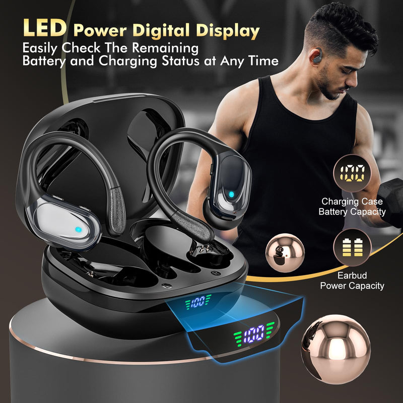 HAOYUYAN Wireless Earbuds, Sports Bluetooth Headphones, 80Hrs Playtime Ear Buds with LED Power Display, Noise Canceling Headset, IPX7 Waterproof Earphones for Workout/Running (Black) Black