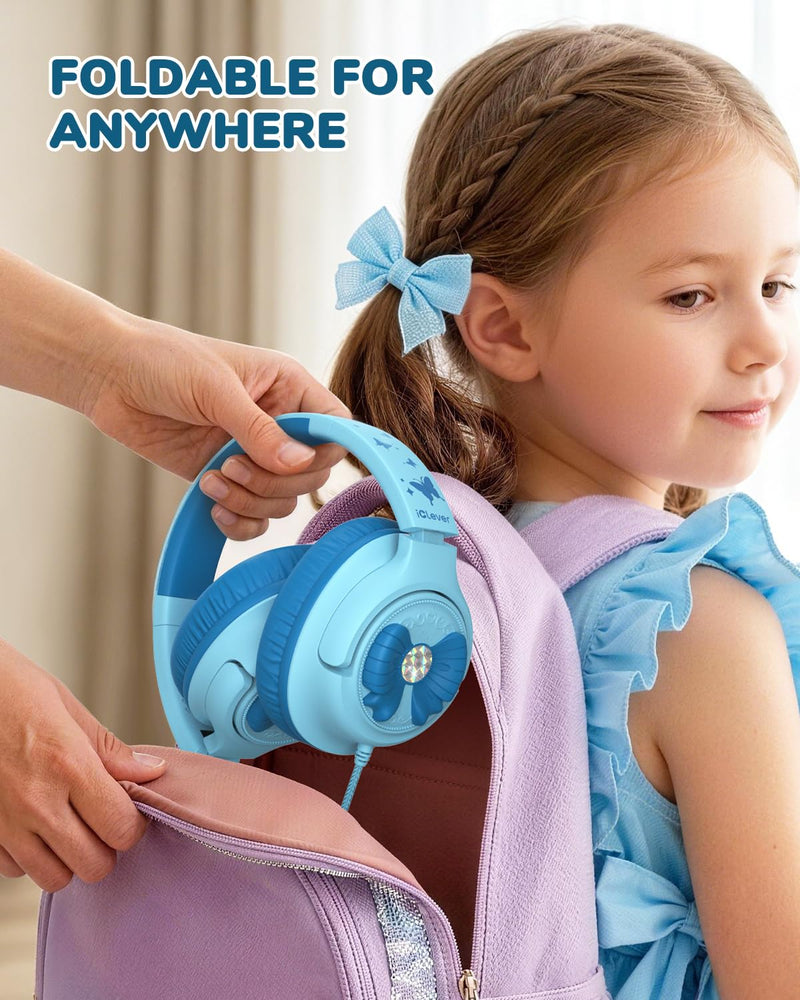 iClever C371 Kids Headphones with Cord for School Boys Girls Travel Gift | SafeSound Tech3.0, Stereo Sound, 3.5mm Jack, Foldable, Durable Headband, Safe Wired Headphones for Kids, Powder Blue Blue Powder