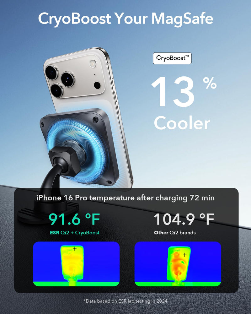 ESR for Qi2 15W MagSafe Car Mount Charger with CryoBoost, Phone Cooling MagSafe Car Charger, Air Vent/Dashboard Wireless Charging for iPhone 17/16/15/14/13/12, S25 Series, Pixel 10, Fast Charger Qi2 15W - CryoBoost
