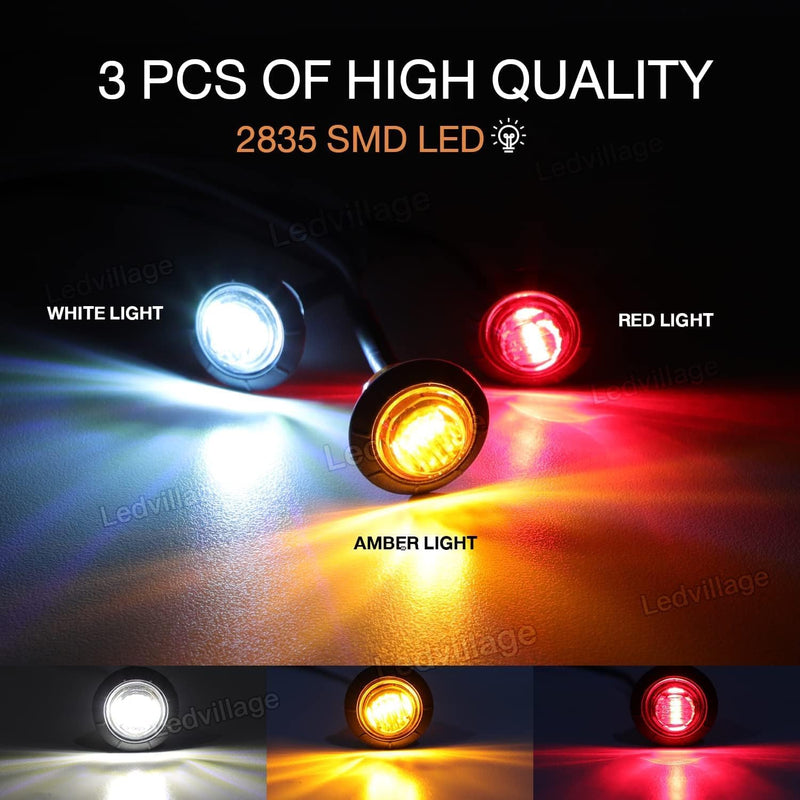 Pack of 30 3/4 Inch Mini Round 10 Amber + 10 Red + 10 White 3 LED Trailer Side Marker Button Lights Clearance Signal Lamp Boat Lorry Truck Pickup Bus 12V DC
