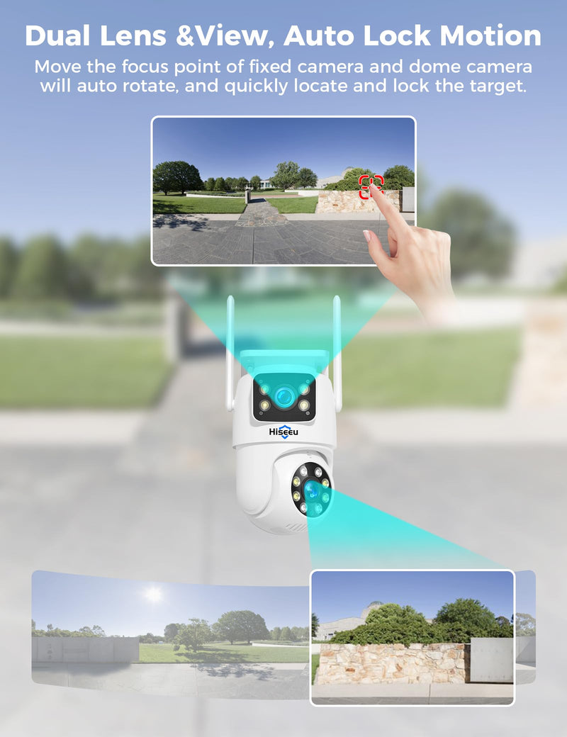 Hiseeu Wireless Security Camera, 5G/2.4G WiFi,Dual Lens View, Pan-Tilt- Zoom Control, Full Color Night Vision, Smart Motion Detection, Auto Track,Two-Way Audio, IP66 Waterproof, Plug-in Cable Gray