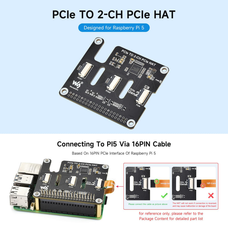 Waveshare 2-Ch PCIe FFC Adapter Board, Compatible with Raspberry Pi 5,Expands The PCIe Interface of The Pi 5 to 2-Ch PCIe FFC Connectors, Supports Stacking Multiple PCIe Hats