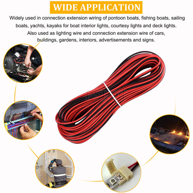 PSEQT Marine Boat LED Lights Wire, 100ft/30M 22AWG 2pin Extension Cable Wires Cord for 3528 5050 5630 Led Strip Light for Pontoon Boat Kayak Stern Anchor Courtesy Navigation Bow Red Black Wire with 22AWG
