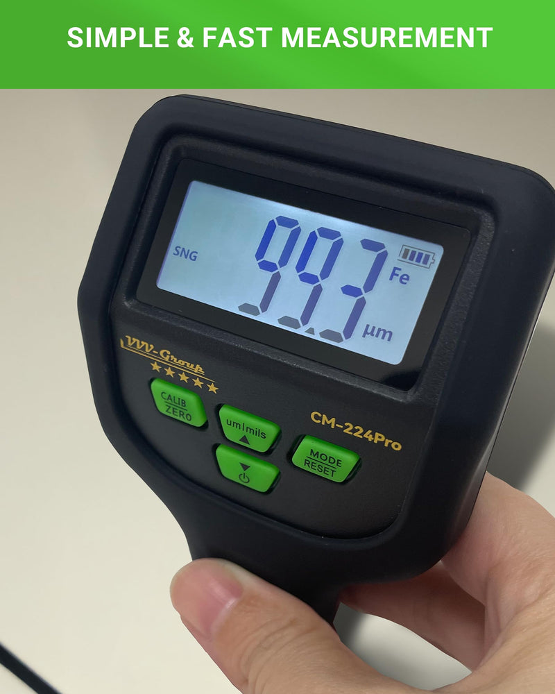 Paint Thickness Gauge – CM-224Pro Automotive Coating Thickness Meter 0–59.1 mils (0–1500 µm), 0.01 mils (0.1 µm) Resolution, Fe/NFe/Zn Auto Detection, Auto Calibration Fe/Al/Zn