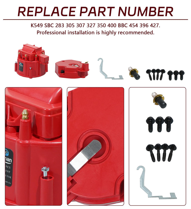 Red Male HEI Distributor Cap and Rotor Kit for SBC BBC 283 305 307 327 350 396 454 V8 Engines Performance Replacement for K549, 8416, 400, 454 Distributor Cap Assembly Red