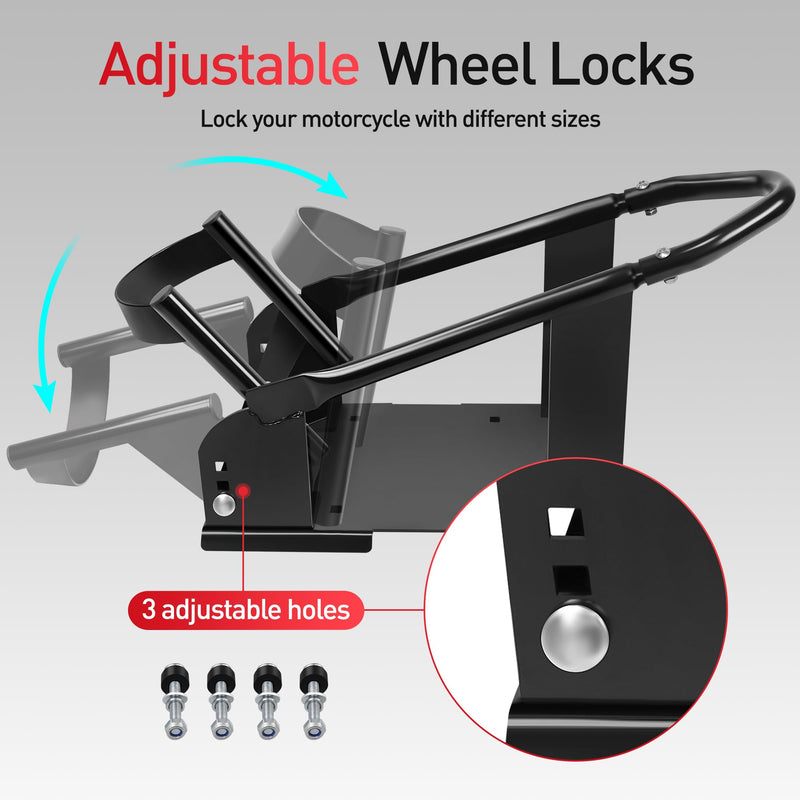 JY PERFORMANCE Motorcycle Wheel Chock, Universal Motorcycle Front Wheel Stand for Trailer, Cruiser, Sports & Dirt Bikes, 1800 lb Capacity Adjustable Wheel Stand for 15"-21" Wheels