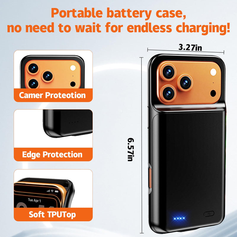 13800mAh High Capacity Battery Case for iPhone 17 Pro Max (6.9 inch) | 2026 Upgraded Battery Pack Rechargeable Charger External Charging Case with Tempered Glass Screen Protector Black