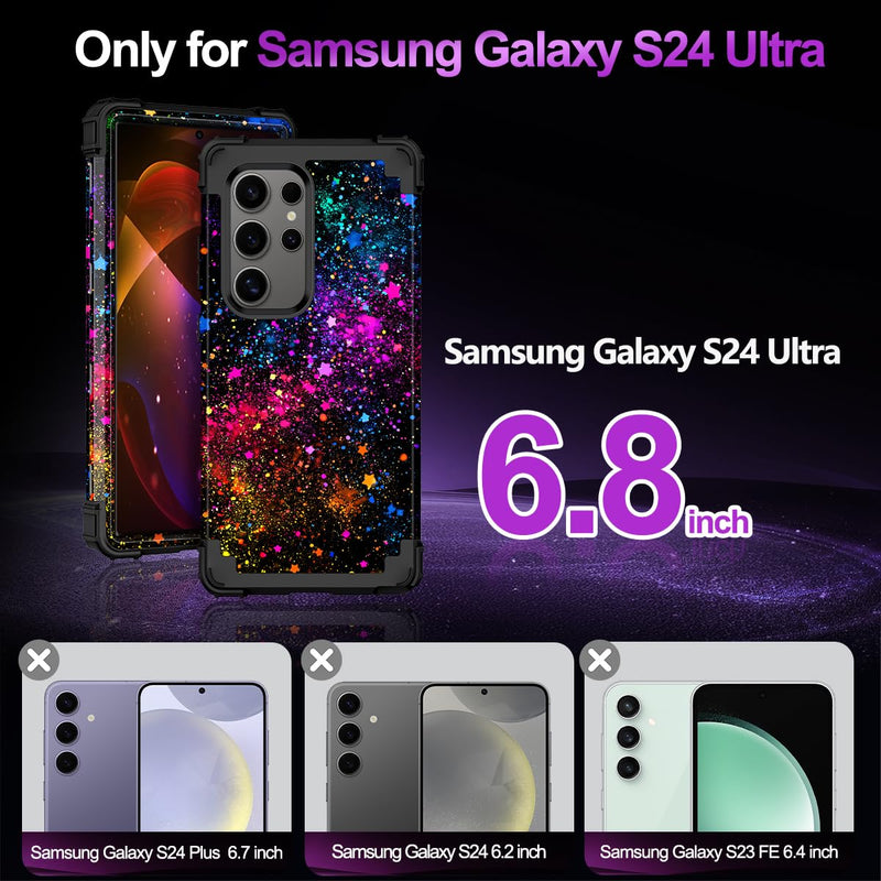 Casetego for Galaxy S24 Ultra Case,Glow in The Dark Three Layer Heavy Duty Sturdy Shockproof Full Protection Rugged Hard PC+Soft TPU Bumper Case for Samsung Galaxy S24 Ultra 5G 6.8 inch,Colorful Sky All Black Colorful Sky-Glow in the Dark