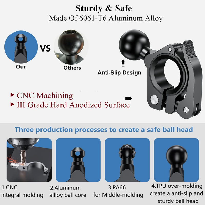 BRCOVAN Aluminum Alloy Handlebar Clamp Mount Base with 1'' TPU Ball for Rail Diameter 0.5'' 0.87'' 1'' 1.125'' 1.26'', Fit for RAM Mounts B Size 1 Inch Ball Double Socket Arm, Tool-Less Installation R18-Set of 1