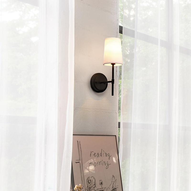GLOBE Electric 51859 1-Light Wall Sconce, Matte Black, White Fabric Shade, Wall Lighting, Wall Lamp Dimmable, Wall Lights for Bedroom, Kitchen Sconces Wall Lighting, Home Décor, Bulb Not Included Matte Black, White Shade