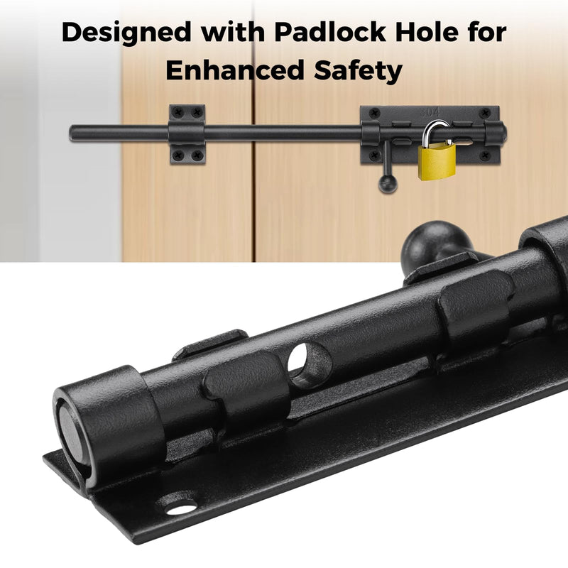 2 Packs 12" Slide Bolt Latches, Heavy-Duty 304 Stainless Steel Gate Door Slide Latches with 9 mm Padlock Hole, ½" Dia. Matte Black Barrel Bolt Locks for Gates, Barns, Fences