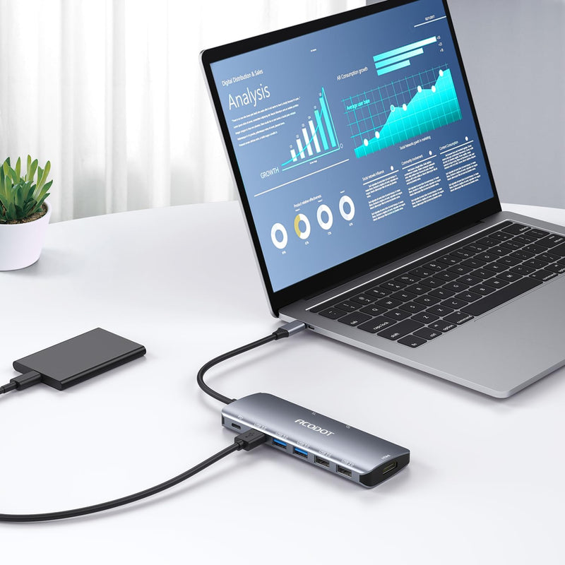 USB C Hub, Acodot 9 in 1 Type C Hub Adapter Portable Docking Station Aluminum Dongle Compatible with MacBook Pro/Thunderbolt 3 Laptops of Type C Devices, with 4K HDMI/ 5 USB Ports/ 100W PD/SD/TF 4K30HZ