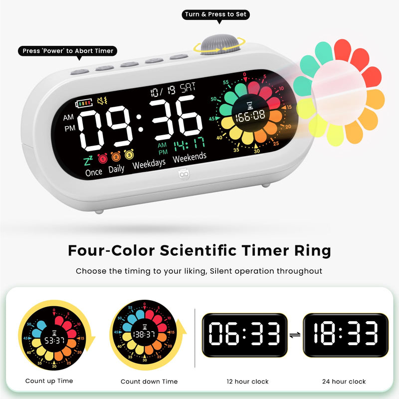 Mooking Alarm Clocks for Bedrooms, Digital Visual Timer for Kids, Rechargeable 199-Minute Silent Countdown Timers, Focus & Smoother Routines, Fitness Baking Studying Teaching White