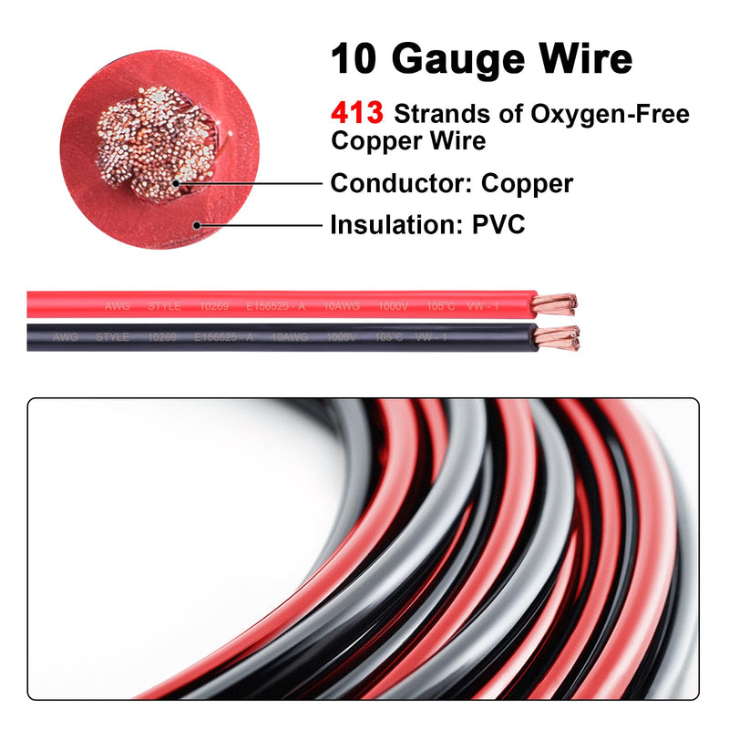 10 Gauge Wire, 20FT Red and Black Stranded Oxygen-Free Copper Wire, Flexible 10 AWG Wire for Automotive Boat Marine Solar Panel LED Lights (10AWG, 20FT) 10AWG