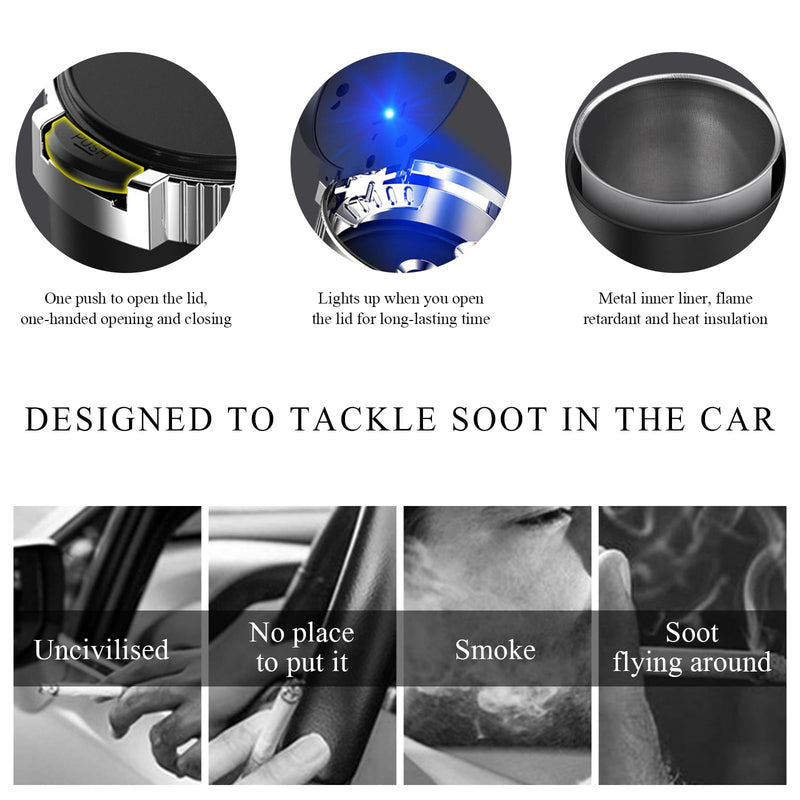 Car Ashtray with Lid, Detachable Stainless Steel Ash Tray with LED Blue Light, Portable Mini Vehicle Cup Holder Trash Can Smell Proof Ashtray Cup, Universal Car Accessories (Blue)