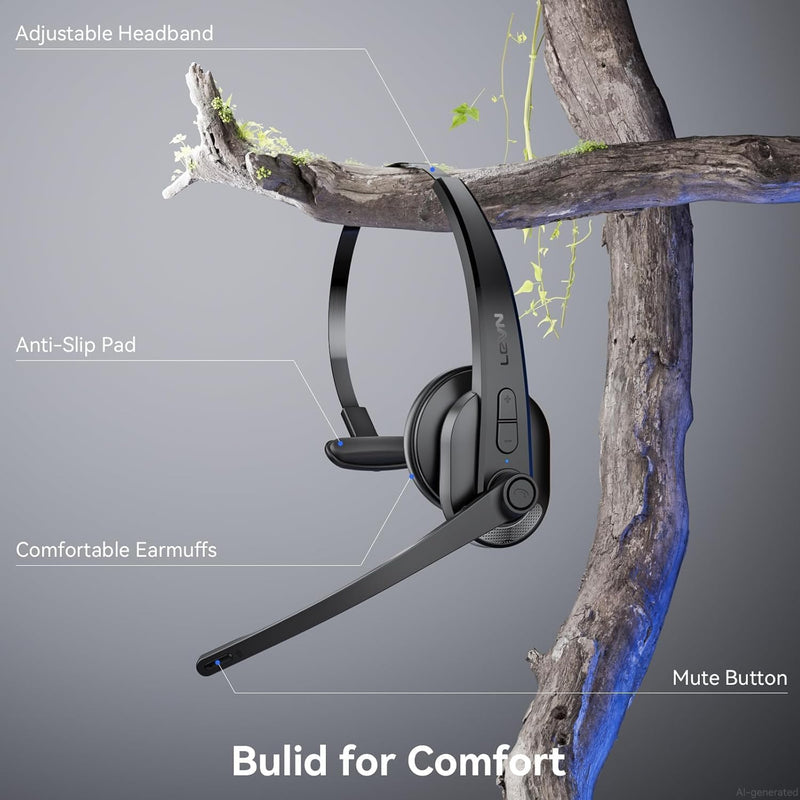 Wireless Headset with Mic for Work, Bluetooth Headset with Microphone(AI Noise Cancelling), Lightweight Comfortable with Mute Button Computer Headset with Microphone for PC/Office/Call Center/ Teams Black