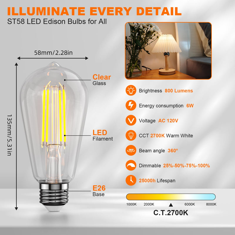 Kawaya E26 LED Edison Bulbs: 6W Equivalent 60 Watt Dimmable LED Light Bulbs - Warm Lights 2700k 800 Lumens High Brightness Filament Bulbs with 90+ CRI - Clear Glass, Pack of 20 2700k Warmwhite 20 Pack