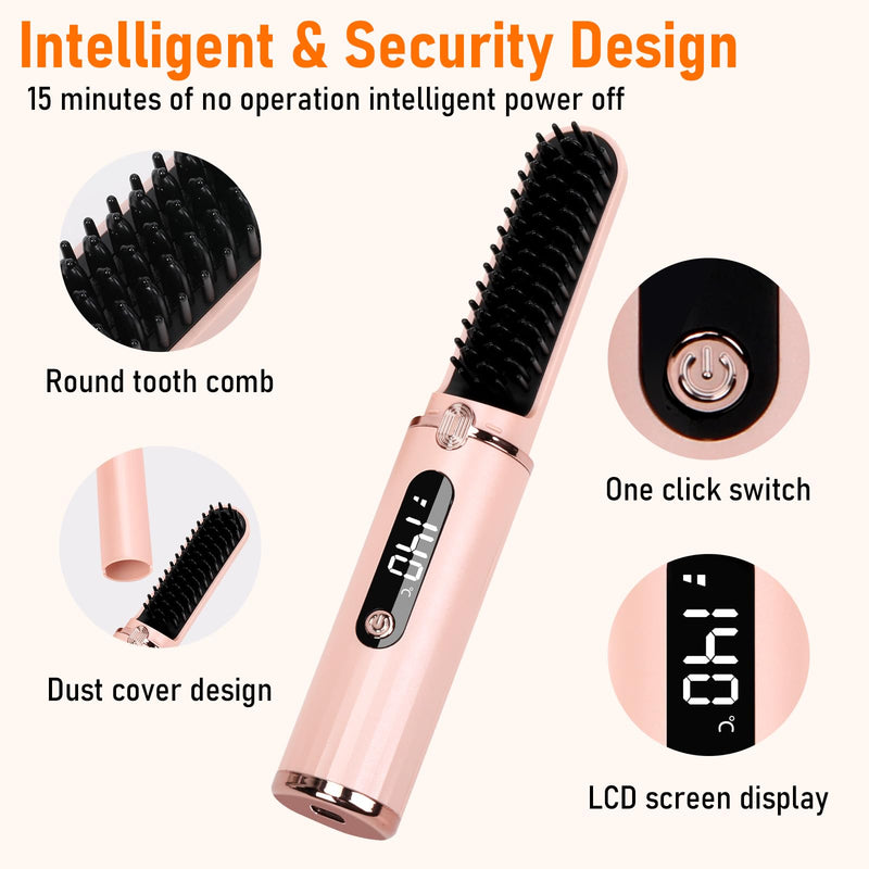 Cordless Hair Straightener Brush, Portable Hot Comb Hair Straightener Negative Ion Hair Straighteners Comb for Women 4 Temperature Beard Straightener Brush USB Rechargeable Anti-Scald Auto-Off