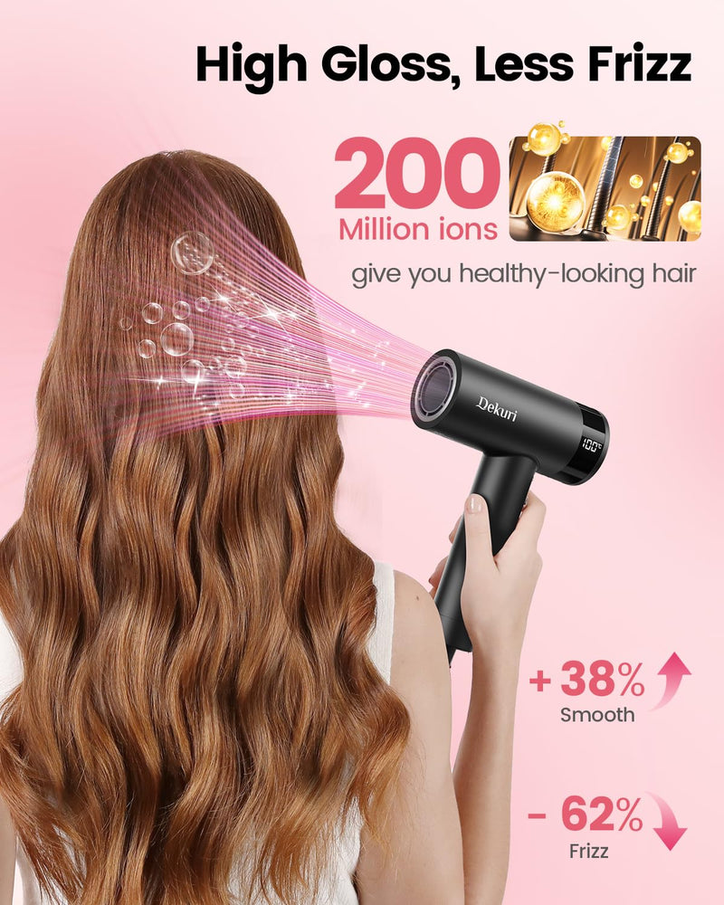 Dekuri Hair Dryer, 110,000 RPM High Speed Motor Hairdryer for Ultra-Fast Drying, 200M Ionic Care for Smooth & Shiny Hair, Lightweight with Magnetic Nozzle & Diffuser (Midnight Black) Midnight Black