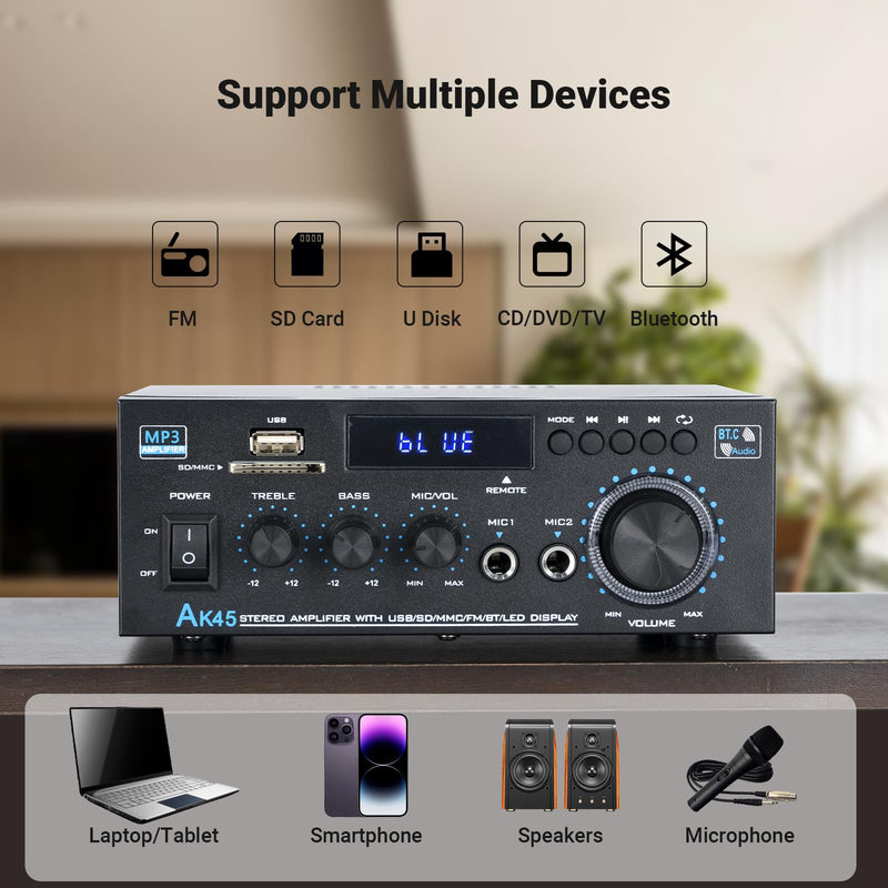 Bluetooth Stereo Receiver &Home Audio Amplifier, 300Wx2 2-Channel for Home Theater & Bookshelf Speakers, w/FM Radio Karaoke, w/USB/SD/RCA/MIC/FM in, with Remote Control, for Garage Bar Party