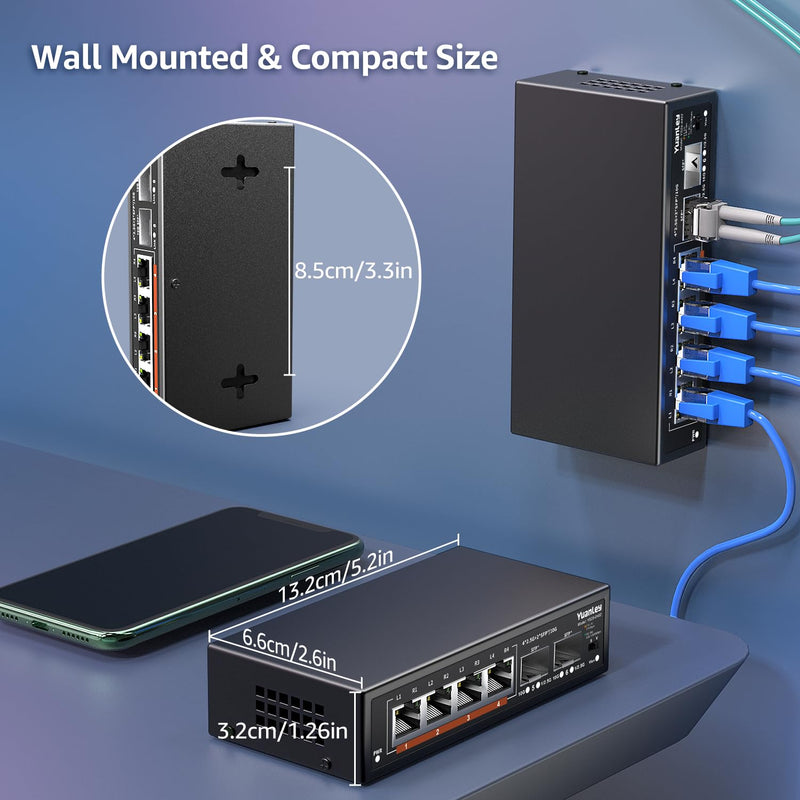 6 Port 2.5G Unmanaged Ethernet Switch, 4 x 2.5G Base-T Ports, 2 x 10G SFP, Compatible with 100/1000/2500Mbps, VLAN, Fanless, Desktop/Wall Mount YuanLey 2.5Gbe Network Switch for Wireless AP, NAS, PC 6 Port | 4x2.5G +2x10G SFP