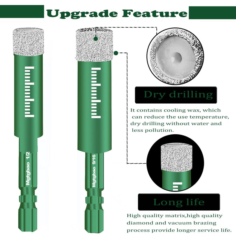 10PCS Green Dry Diamond Drill Bits Set, Tile Drill bit for Granite Marble Tile Ceramic Stone Glass Diamond Hole Saw Kit with Size 3/16,1/4, 5/16, 3/8, 1/2