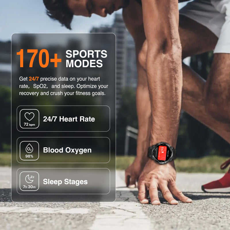 Military Smart Watches for Men, Built-in GPS & Compass, 30-Day Standby | 1.43" AMOLED Rugged Outdoor with LED Flashlight, Barometric Altimeter, 170+ Sports Modes, Compatible with Android & iPhone Black